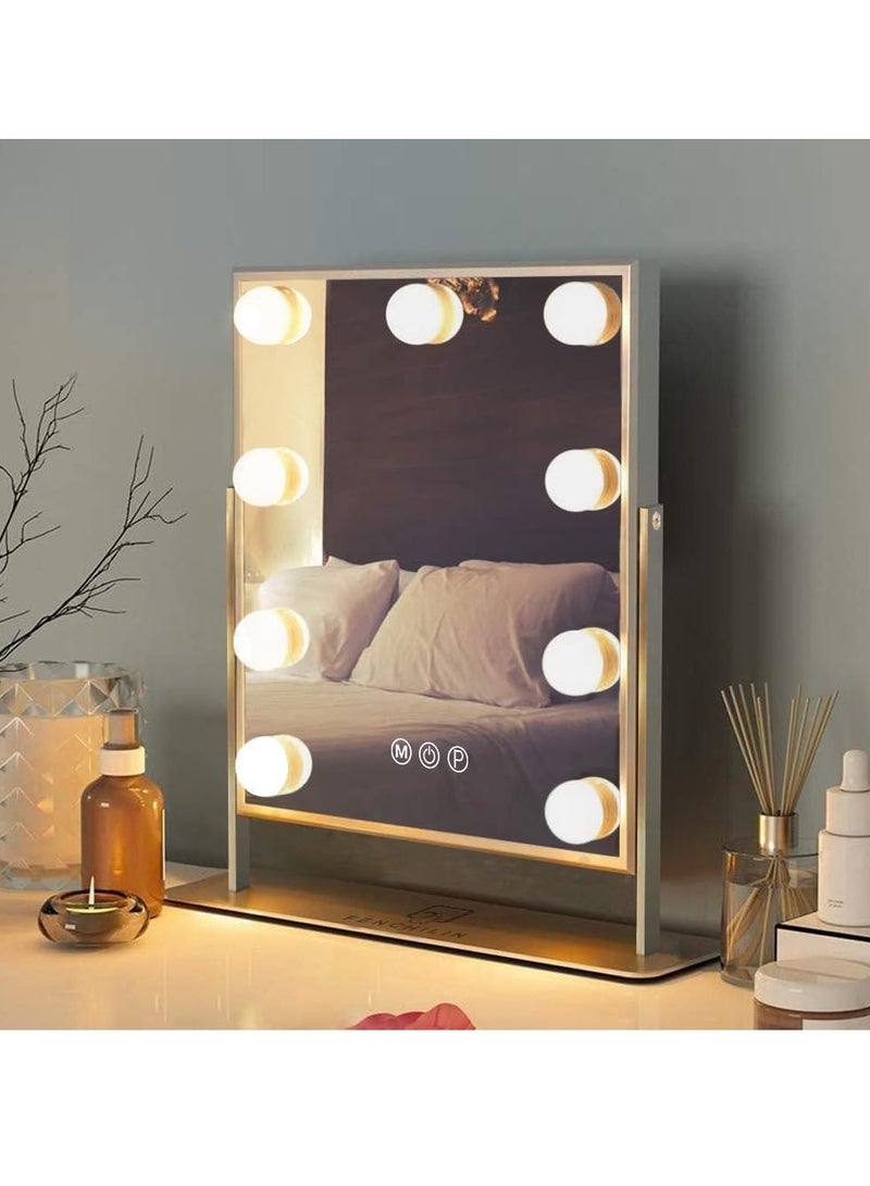 Hihonor Hollywood Vanity Makeup Mirror with Lights - 9 LED Bulbs, Touch Control, 3 Colors Light, 360° Rotation, Light Up Vanity Mirror for Dressing Room & Bedroom  - Image 1