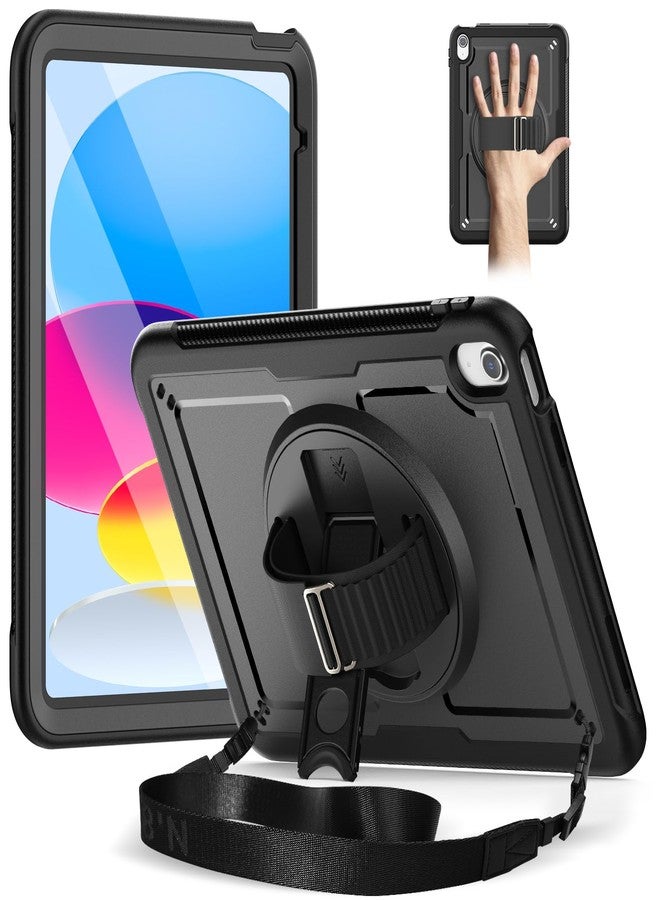 timecity Case for iPad 10th Generation-10.9 inch 2022/2023: with Screen Protector, 360 Rotating Stand, Hand Strap, Shoulder Strap, Pencil Holder, Full-Body Shockproof Protective Case -Black - Image 1