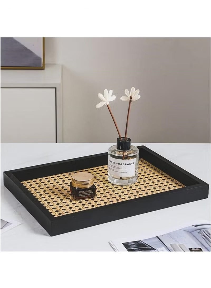 Bukela Rectangle Serving Tray with Imitated Rattan,Basket Serving Tray with Black Wooden - Image 1