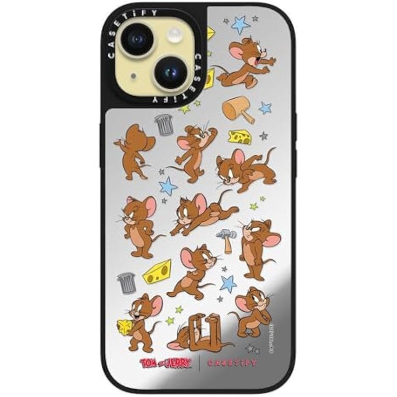 Casetify Mirror Case for iPhone 15 【Tom and Jerry Colab/Reflective / 4.9ft Drop Protection/Compatible with Magsafe】 - Jerry Pattern - Silver on Black - Image 1