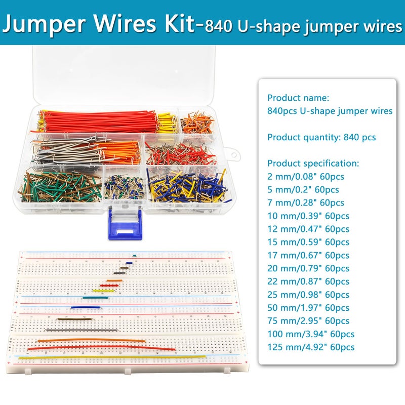 minidodoca 840Pcs Breadboard Jumper Wire kit for Arduino, 14 Vaules, 2 mm/0.08"-125 mm/4.92" Minidodoca U-Shape Magnetic Jumper Wires Assortment kit & 4Pcs 34cm/13.4 inch Length Alligator Clip Test Leads - Image 3