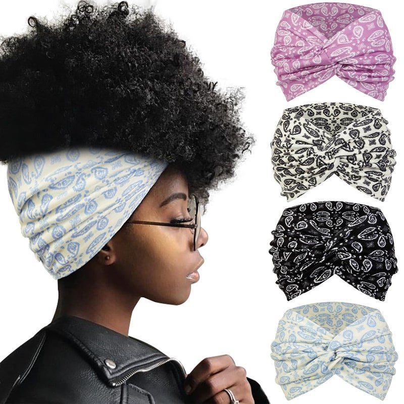 Tobeffect 7 Inches Extra Wide Headbands for Women, 4 Packs Boho Large Turban Head Bands Womens Fashion Bandana Headband Sport Workout Yoga Hairband African Knotted Headwraps - Image 1