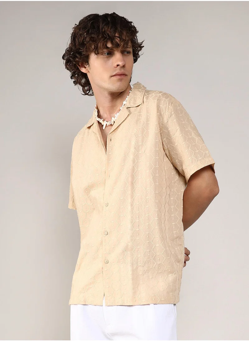 Campus Sutra Men's Beige Embroidered Geometric Shirt