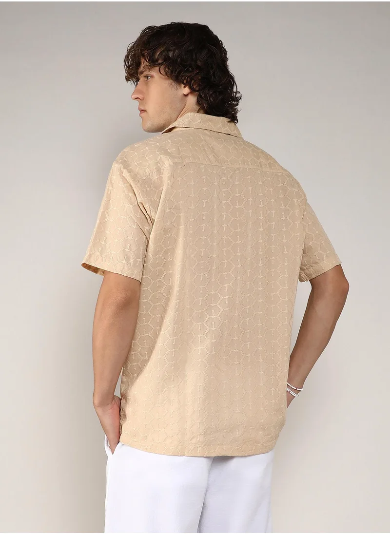 Campus Sutra Men's Beige Embroidered Geometric Shirt