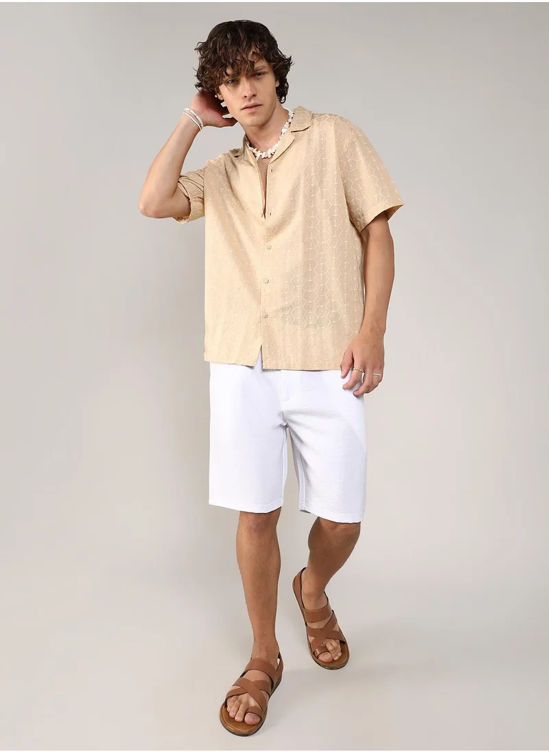 Campus Sutra Men's Beige Embroidered Geometric Shirt