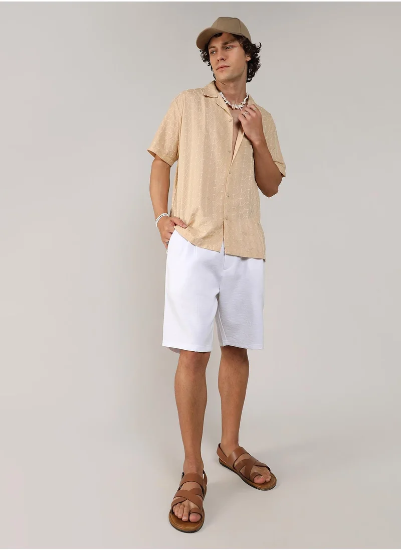 Campus Sutra Men's Beige Embroidered Geometric Shirt