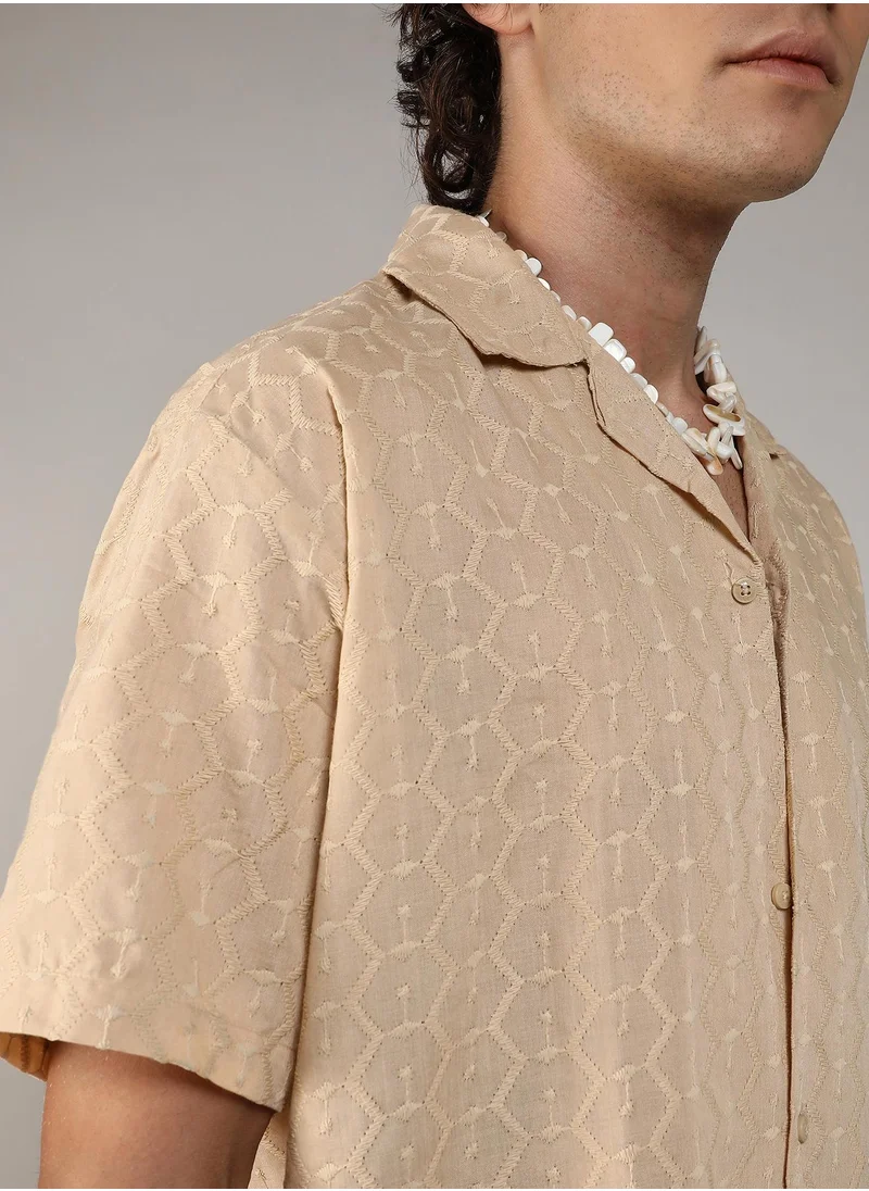Campus Sutra Men's Beige Embroidered Geometric Shirt