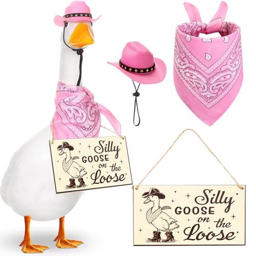 Silicherry Funny Porch Goose Decoration Set Silly Goose on The Loose Hangings Sign Cowboy with Outfit Cowboy Hat and Bandana for 23 CementPlastic Outdoor Statue Patio Yard Lawn ArtPink - Image 1