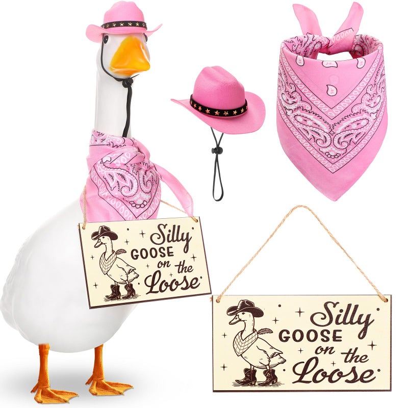Silicherry Funny Porch Goose Decoration Set Silly Goose on The Loose Hangings Sign Cowboy with Outfit Cowboy Hat and Bandana for 23 CementPlastic Outdoor Statue Patio Yard Lawn ArtPink - Image 2