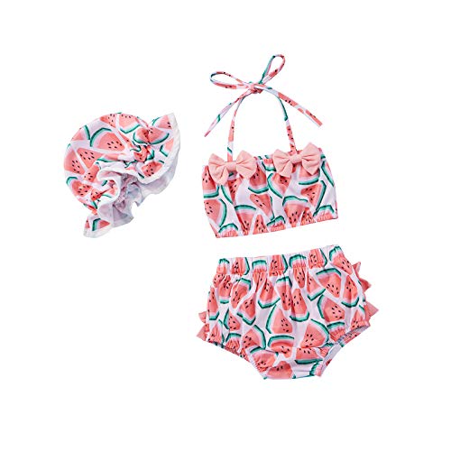 Yccutest Toddler Girl Swimsuits Infant Baby Girl Bathing Suit Bikini Sets Swimwear 3 Piece Summer Beach Outfit Top Shorts Hat (Pink Watermelon, 12-18 Months) - Image 1