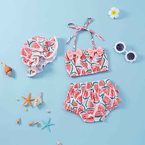 Yccutest Toddler Girl Swimsuits Infant Baby Girl Bathing Suit Bikini Sets Swimwear 3 Piece Summer Beach Outfit Top Shorts Hat (Pink Watermelon, 12-18 Months) - Image 3