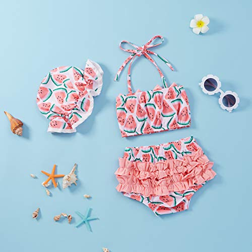 Yccutest Toddler Girl Swimsuits Infant Baby Girl Bathing Suit Bikini Sets Swimwear 3 Piece Summer Beach Outfit Top Shorts Hat (Pink Watermelon, 12-18 Months) - Image 4