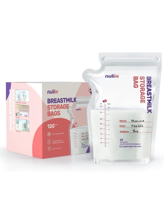 Nuliie 120 Pcs Breastmilk Storage Bags, 8 OZ Breast Milk Storing Bags, BPA-Free, Milk Storage Bags with Pour Spout for Breastfeeding, Self-Standing Bag, Space Saving Flat Profile - Image 1