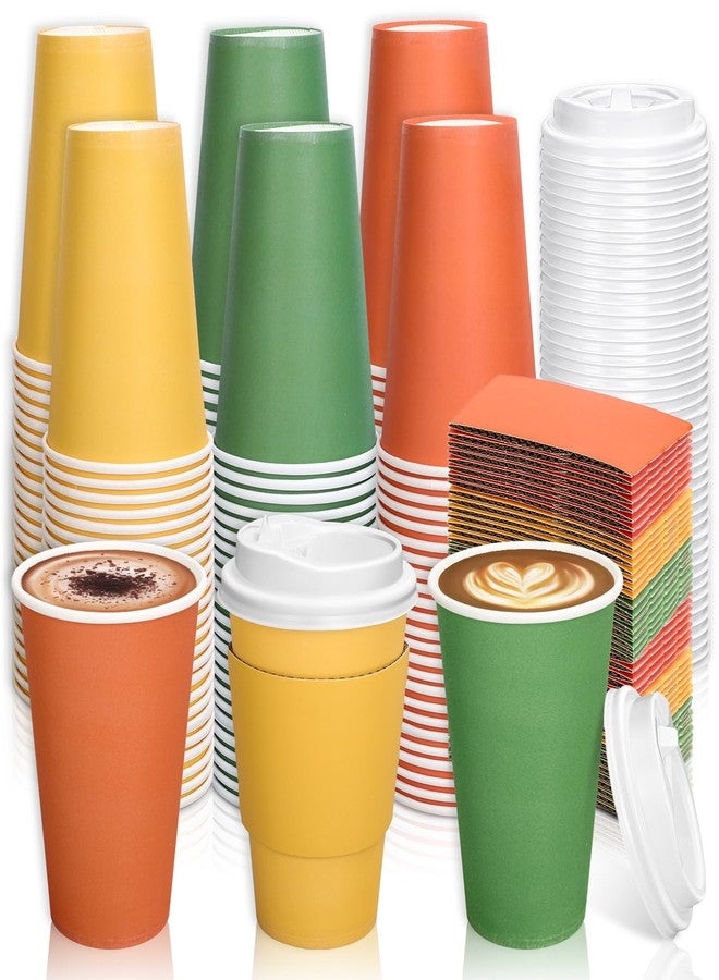 Whaline أكواب قهوة قابلة للتصرف من وايلين 60 مجموعة لعيد الشكر خريف مع أغطية وأكمام 12 أونصة برتقالي أصفر أخضر ورقي لشرب في حفلات عيد الشكر في موسم الحصاد الخريفي - Image 1