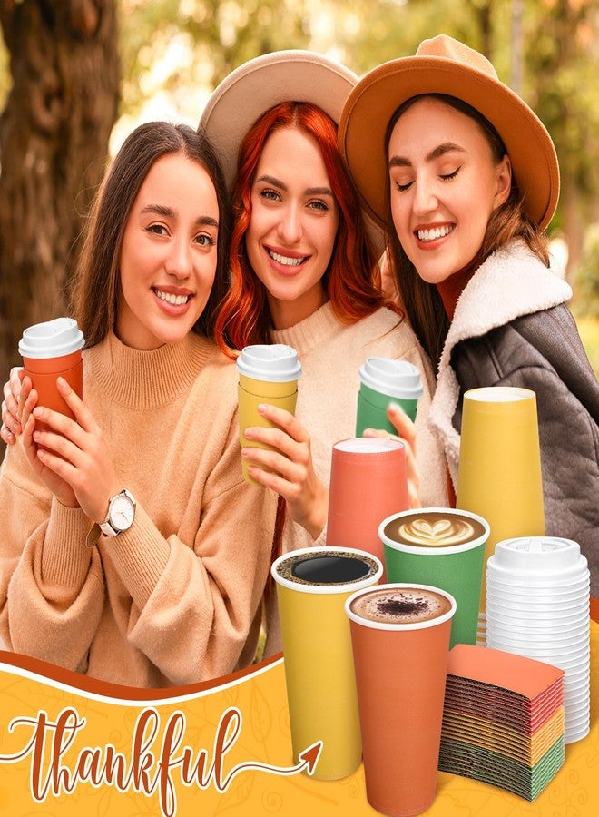 Whaline أكواب قهوة قابلة للتصرف من وايلين 60 مجموعة لعيد الشكر خريف مع أغطية وأكمام 12 أونصة برتقالي أصفر أخضر ورقي لشرب في حفلات عيد الشكر في موسم الحصاد الخريفي - Image 4