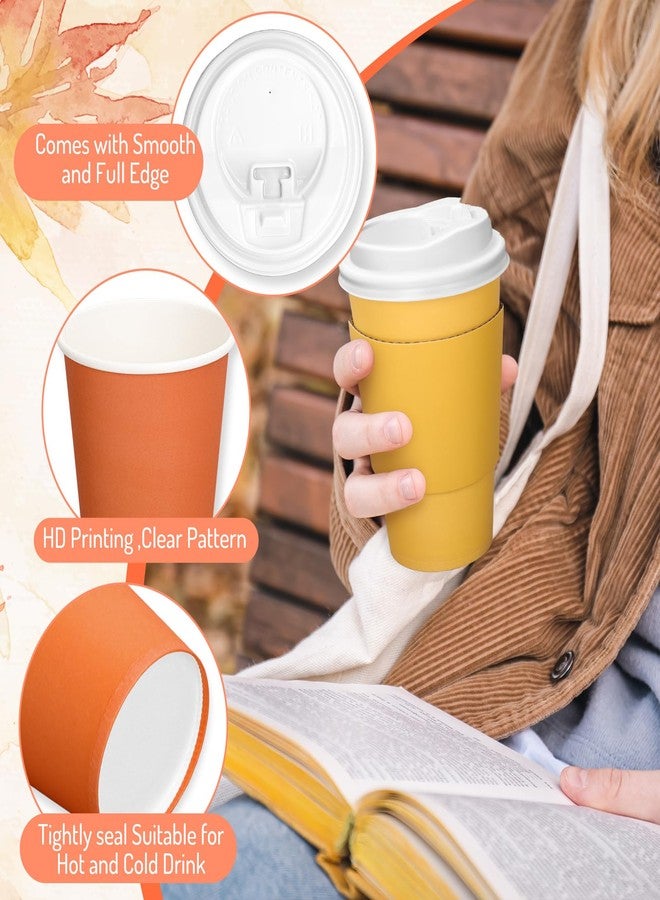 Whaline أكواب قهوة قابلة للتصرف من وايلين 60 مجموعة لعيد الشكر خريف مع أغطية وأكمام 12 أونصة برتقالي أصفر أخضر ورقي لشرب في حفلات عيد الشكر في موسم الحصاد الخريفي - Image 3