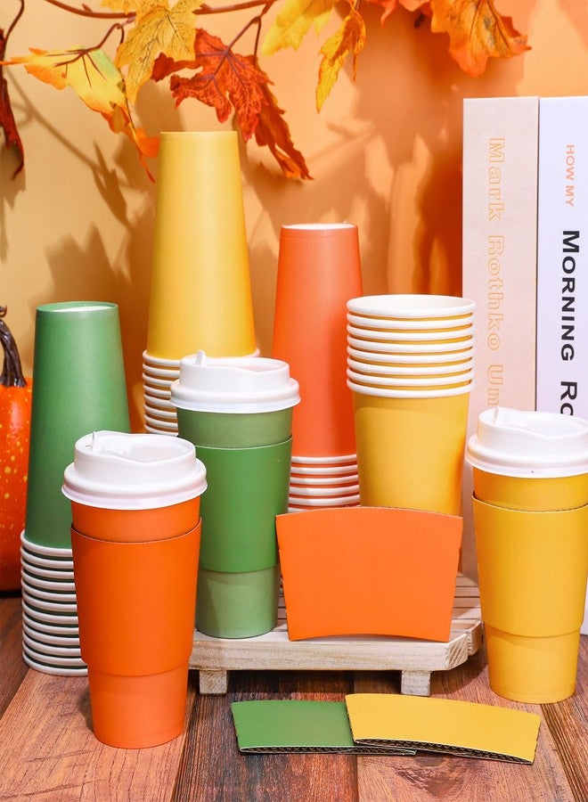 Whaline أكواب قهوة قابلة للتصرف من وايلين 60 مجموعة لعيد الشكر خريف مع أغطية وأكمام 12 أونصة برتقالي أصفر أخضر ورقي لشرب في حفلات عيد الشكر في موسم الحصاد الخريفي - Image 5