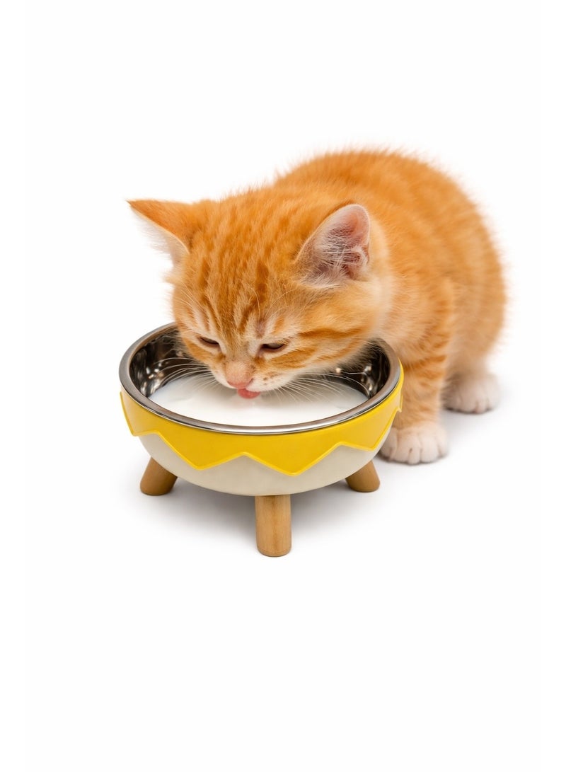 وعاء طعام وماء مرتفع للحيوانات الأليفة 14 سم من الستانلس ستيل مع أرجل خشبية، مناسب للقطط والكلاب الصغيرة - Image 1