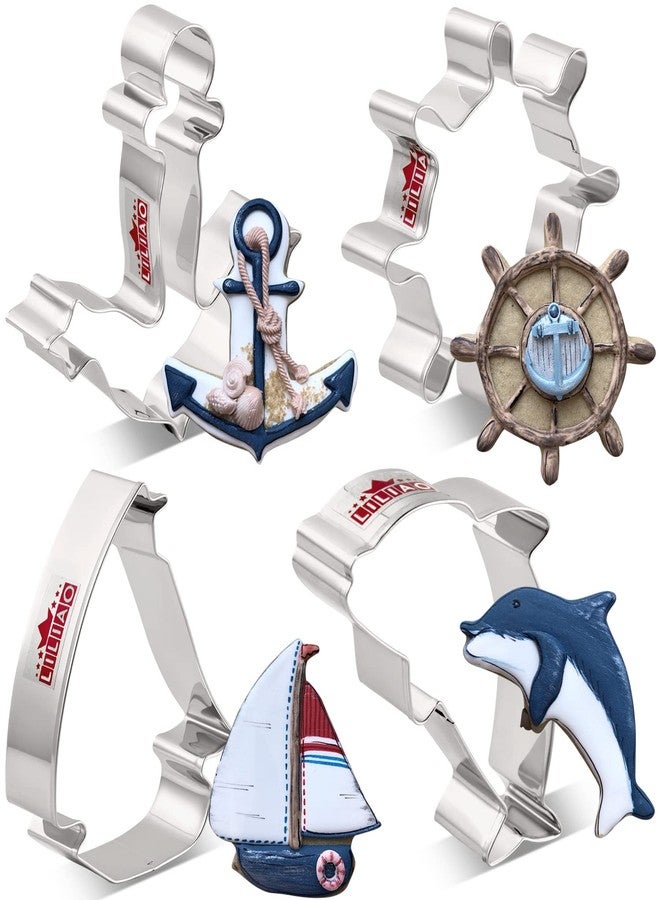 LILIAO Nautical Cookie Cutter Set - 4 Piece - Anchor, Sailboat, Rudder and Dolphin Biscuit Fondant Cutters - Stainless Steel - Image 1