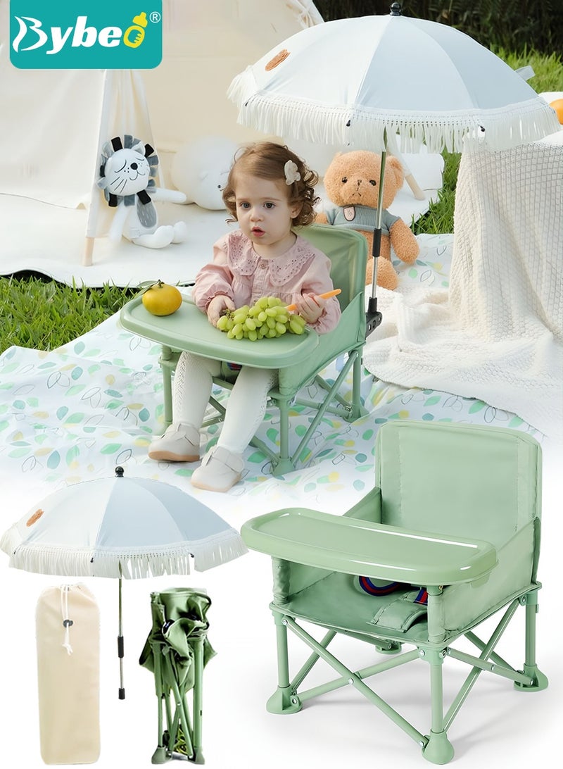 Bybeo Baby Camping Chair, Toddler Beach Chair, Portable Baby Travel Seat with Sunshade Umbrella, Compact Fold Baby Dining Chair with Safety Belt for Camping, Beach, Indoor/Outdoor Use - Image 1