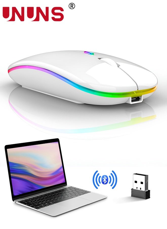 UNUNS Wireless Bluetooth Mouse,LED Rechargeable USB Optical Mouse,Slim Silent Dual Mode BT5.2/2.4G Computer Mice,Quick Precise Responsiveness Control Laptop/PC/Mac OS/Android/Windows,White  - Image 1