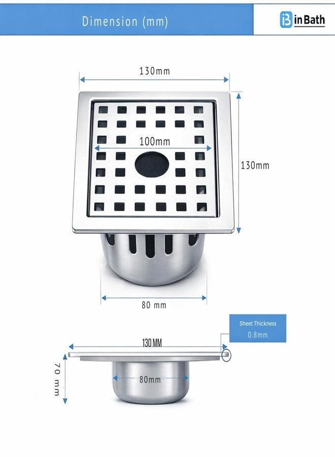 InBāth Floor Drainer/Grating Flat Cut Square with Cockroach Trap with Hole| Stainless Steel 304 Grade | 5 x 5 inches (PRES-055 CH) - Image 4
