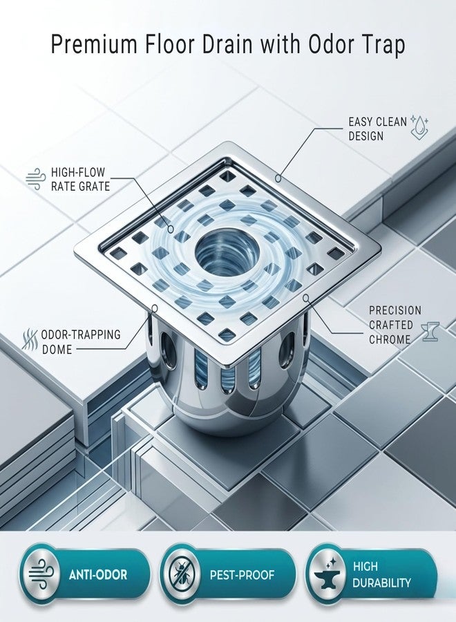 InBāth Floor Drainer/Grating Flat Cut Square with Cockroach Trap with Hole| Stainless Steel 304 Grade | 5 x 5 inches (PRES-055 CH) - Image 2