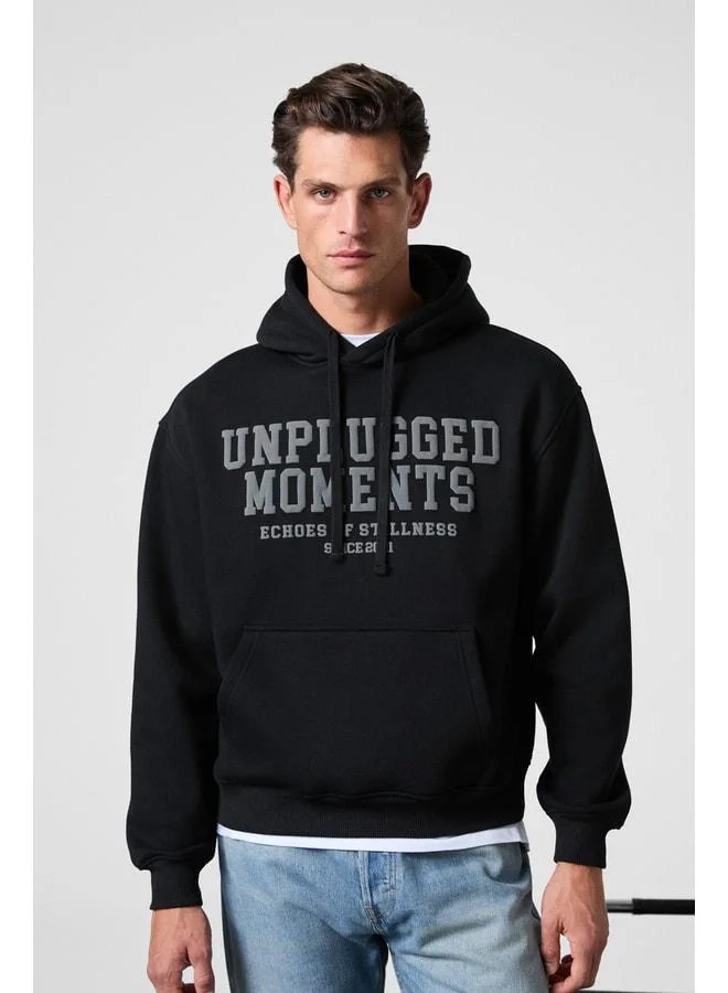 GRIMELANGE CASSIAN Men's Front-Inflated Printed Hooded Corduroy Kangaroo Pocket Black Sweatshirt.
