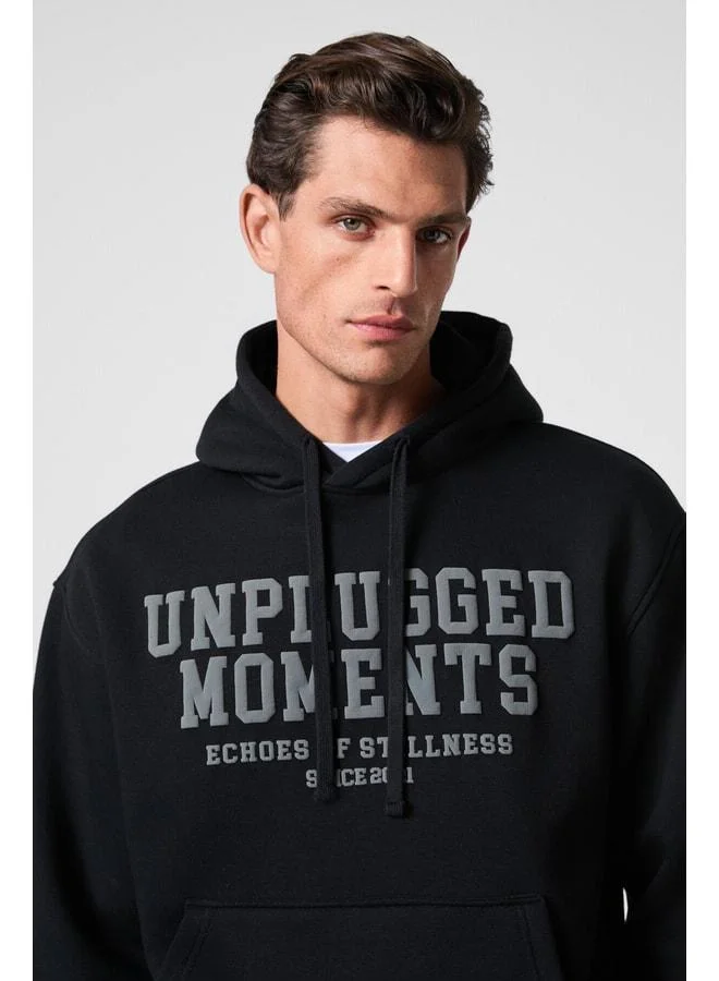 GRIMELANGE CASSIAN Men's Front-Inflated Printed Hooded Corduroy Kangaroo Pocket Black Sweatshirt.