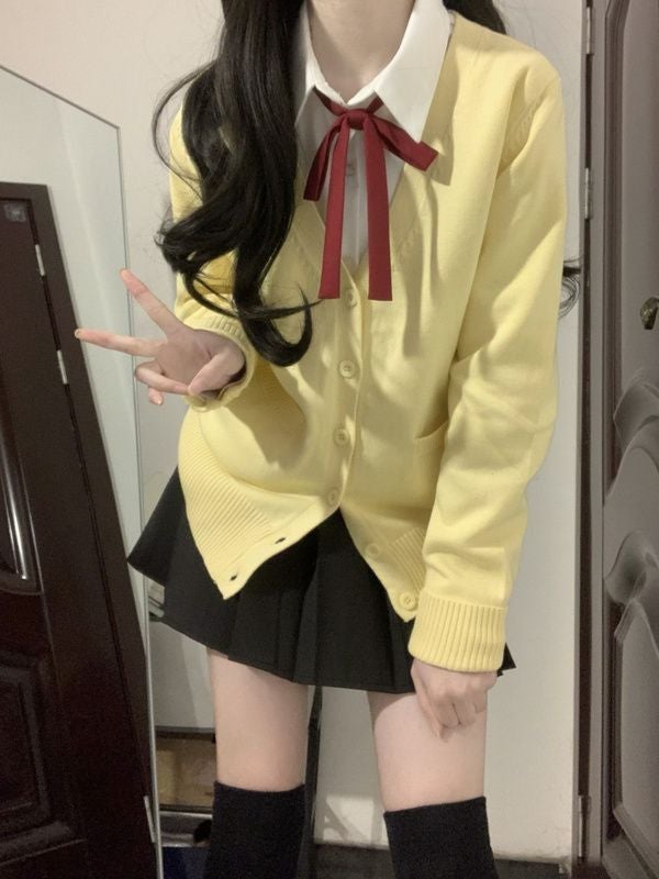 Yellow knitted cardigan sweater cute coat womens Japanese college style chicken yellow knitted long-sleeved top suit Wear a white shirt + red bow tie inside