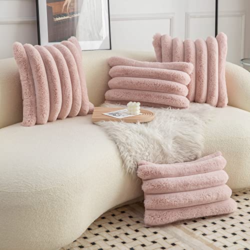 Neelvin Pink Faux Fur Cozy Soft Striped Decorative Throw Pillow Covers 18x18 inch Set of 2,Velvet Pillowcase Cushion Case for Sofa Couch - Image 4