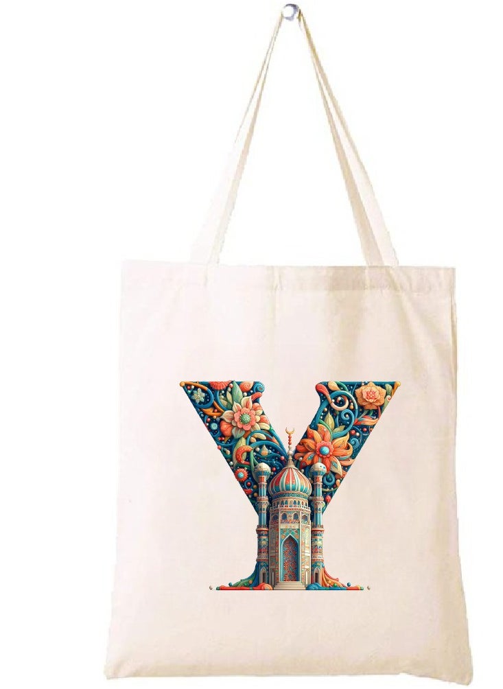PRINTSHOP4ME Initial Monogram Tote Bag - Cotton Tote with Initial Design Printed - Perfect for School, Travel and Birthday Gift - Eco-Friendly Canvas Cotton Tote Bag for Women - Gift for Ramadan  - Image 1
