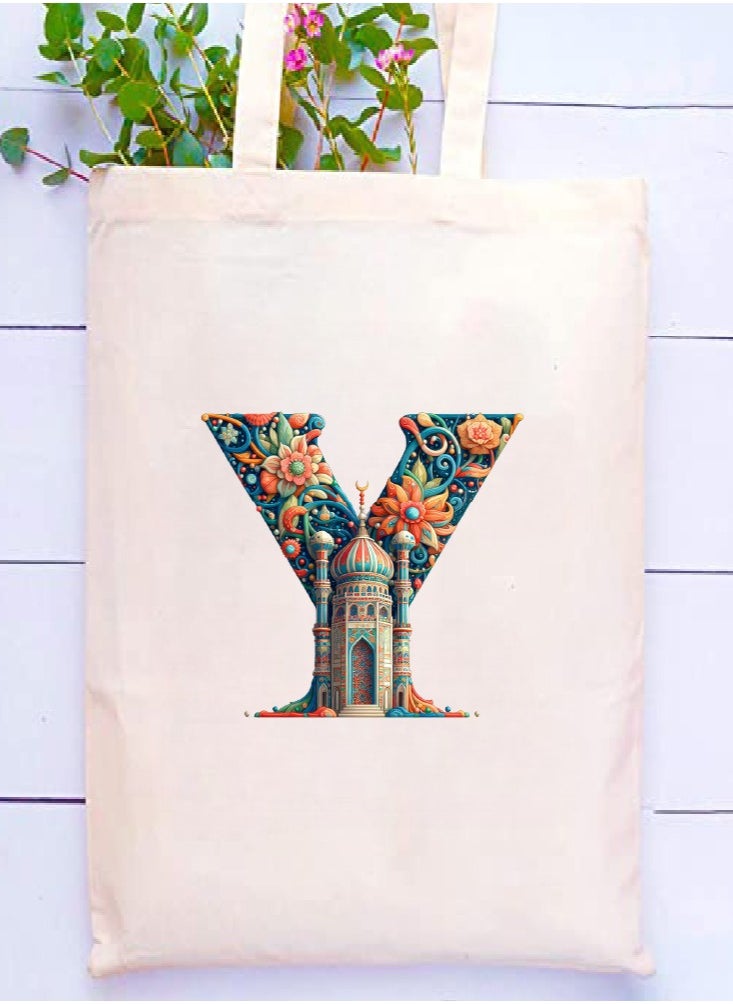 PRINTSHOP4ME Initial Monogram Tote Bag - Cotton Tote with Initial Design Printed - Perfect for School, Travel and Birthday Gift - Eco-Friendly Canvas Cotton Tote Bag for Women - Gift for Ramadan  - Image 2