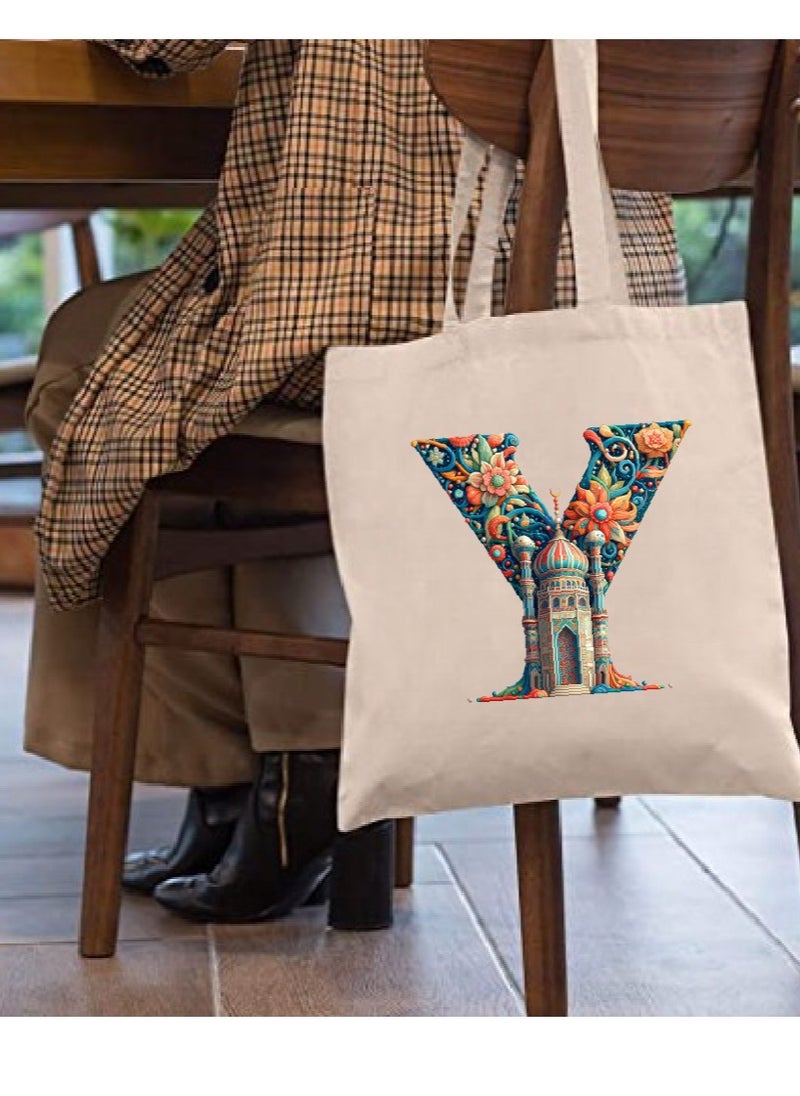 PRINTSHOP4ME Initial Monogram Tote Bag - Cotton Tote with Initial Design Printed - Perfect for School, Travel and Birthday Gift - Eco-Friendly Canvas Cotton Tote Bag for Women - Gift for Ramadan  - Image 3