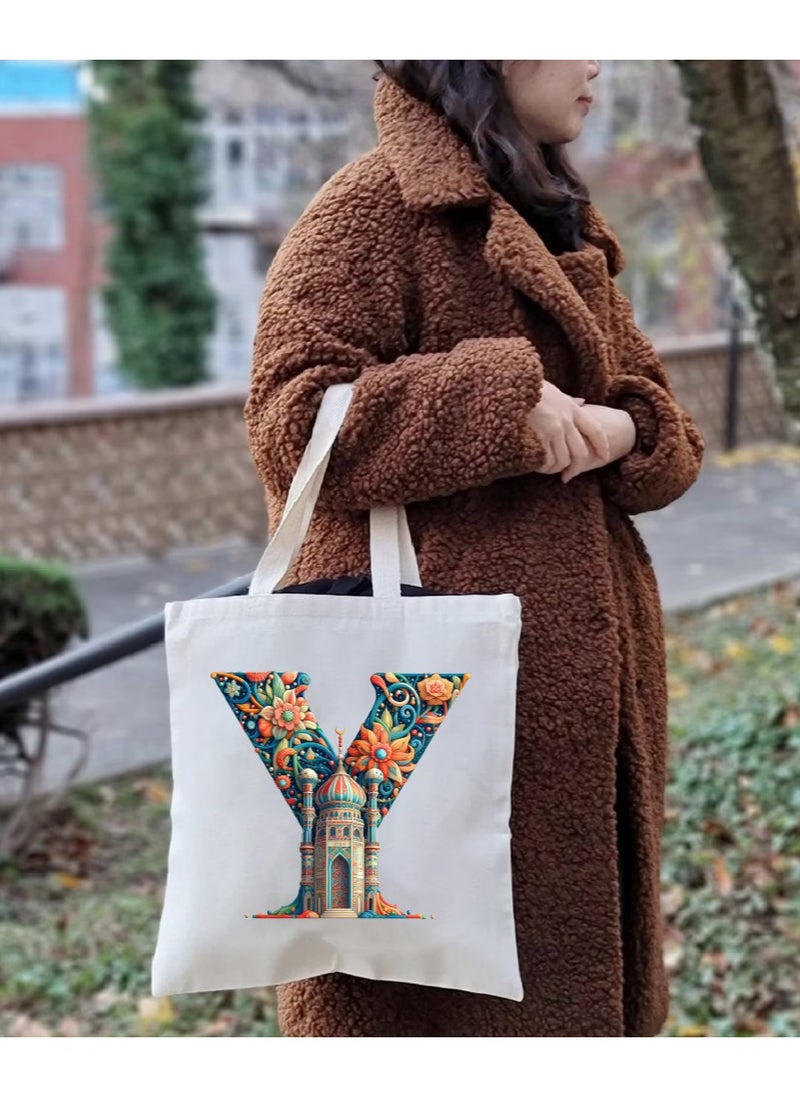 PRINTSHOP4ME Initial Monogram Tote Bag - Cotton Tote with Initial Design Printed - Perfect for School, Travel and Birthday Gift - Eco-Friendly Canvas Cotton Tote Bag for Women - Gift for Ramadan  - Image 5