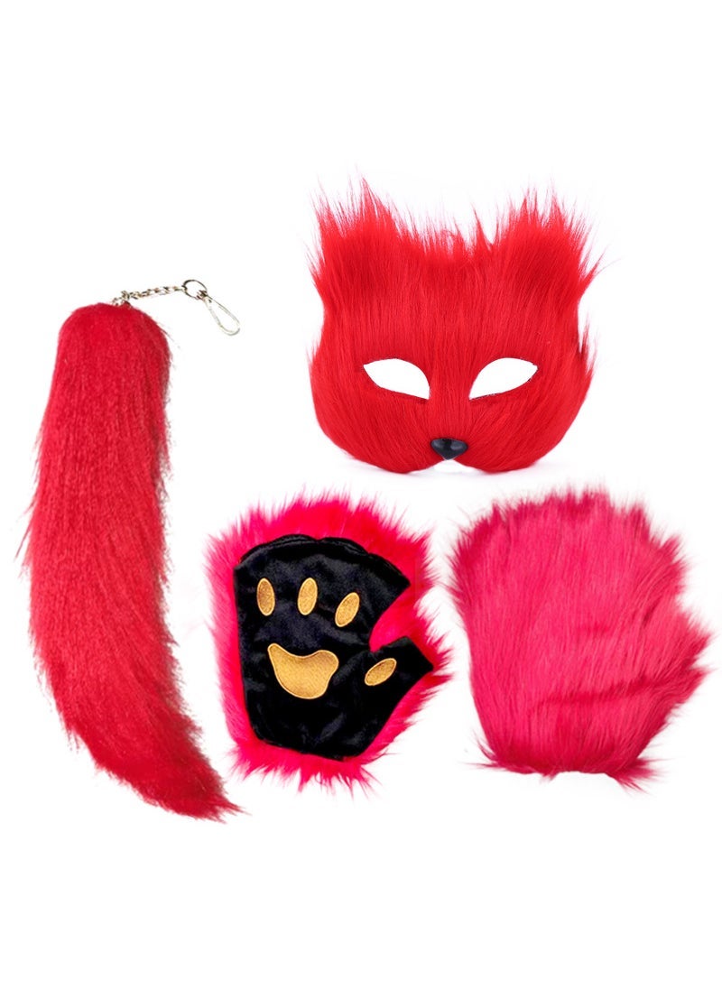 Fluffy Fox Mask Gloves Tail Set  Party Cosplay Red Mask Tail Gloves
