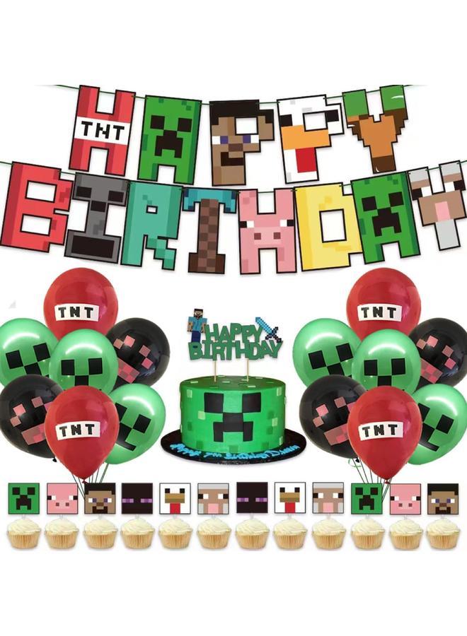 Bluejw Pixel Birthday Decorations, Party Decorations, Birthday Party Supplies, Banner, Balloons, Tablecloth, Cupcake Toppers, Large Cake Decorations, Table Cover - Image 1