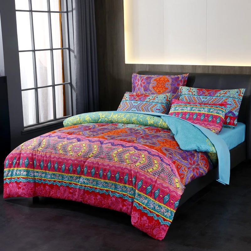 LweiPsqLin Bohemian Bed in a Bag 7 Pieces Queen Size Colorful Boho Style Red And Blue Printed Reversible Comforter Set 1 Comforter 1 Flat Sheet 1 Fitted Sheet 2 Pillow Shams 2 Pillowcases Queen Red 