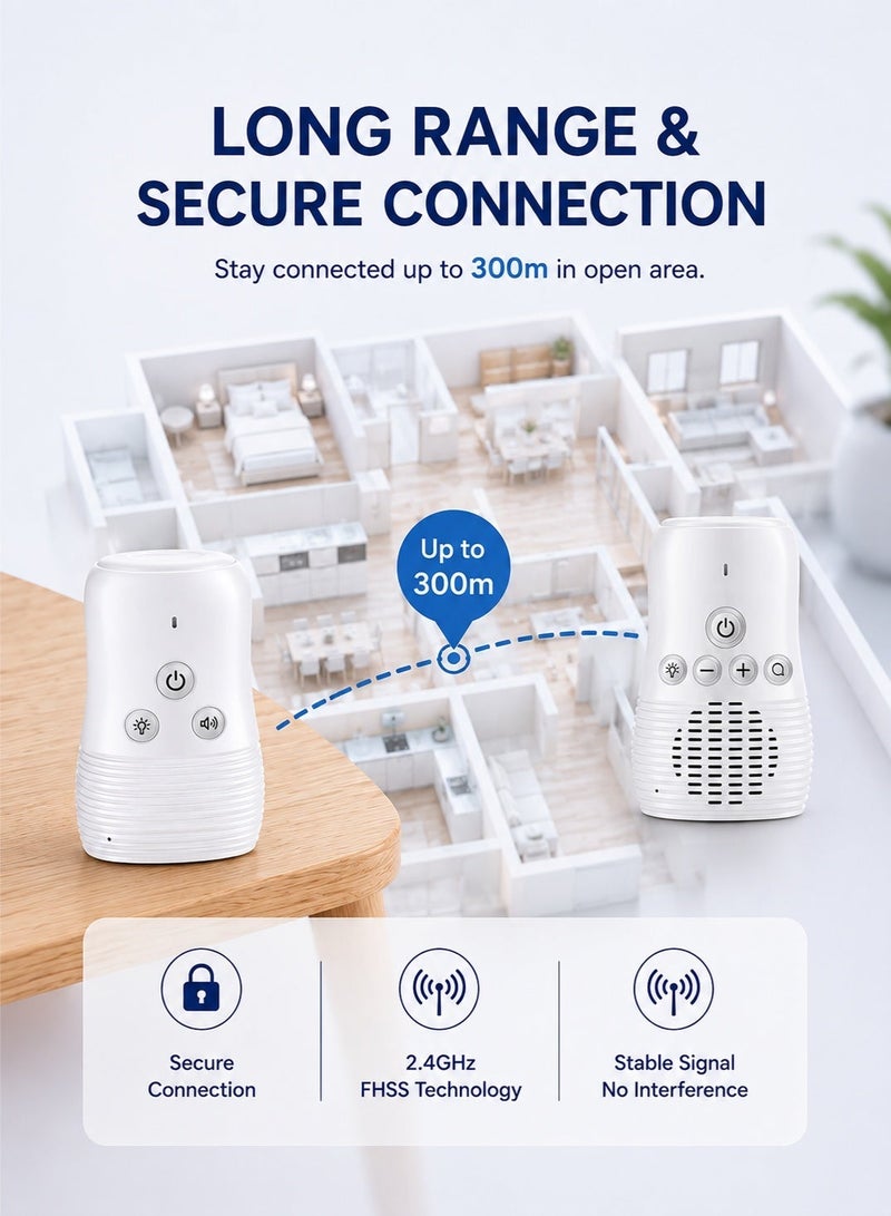 واميت جهاز مراقبة الأطفال Baby Monitor لاسلكي صوت ثنائي الاتجاه بدون كاميرا جهاز استماع للرضع مع جودة صوت عالية  متر نظام مراقبة للأطفال محمول للاستخدام في المنزل وغرفة النوم أبيض300ومدى - Image 4