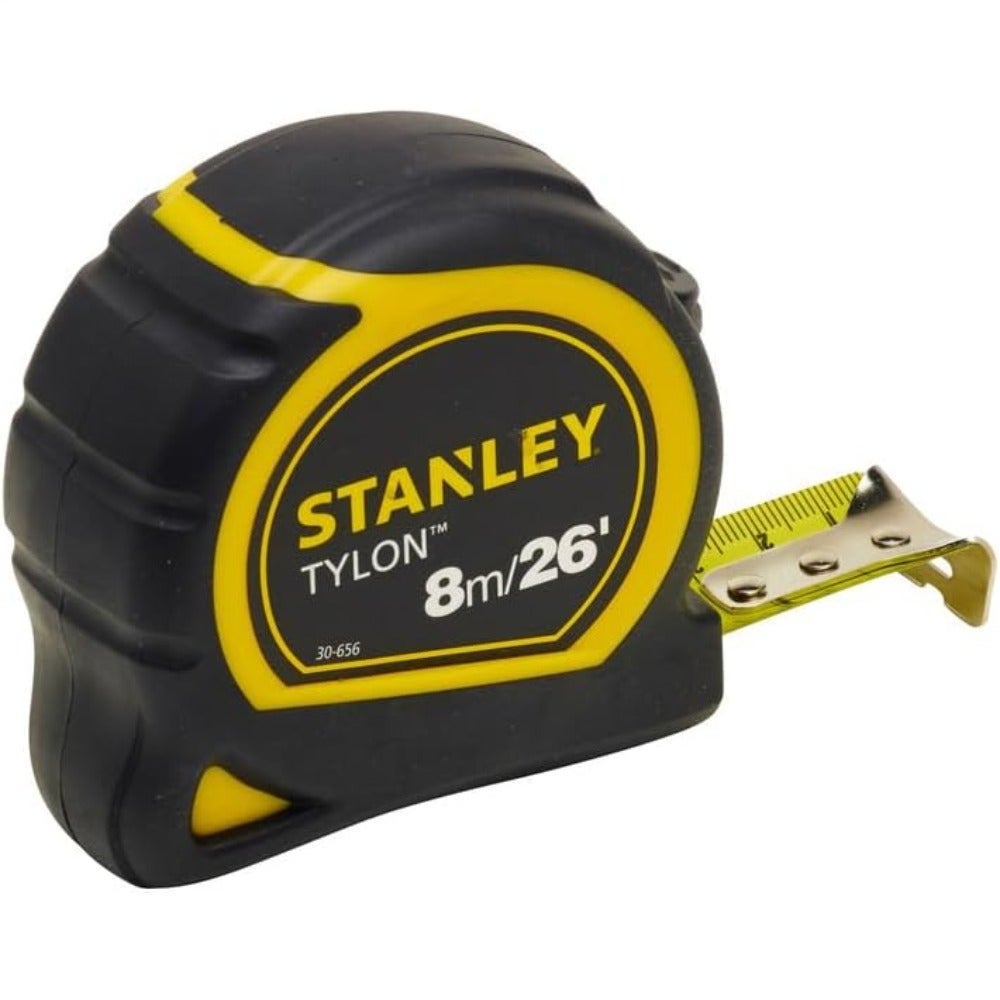 Construction tape measure, fiberglass-reinforced blade, yellow casing, self-locking mechanism for one-handed operation