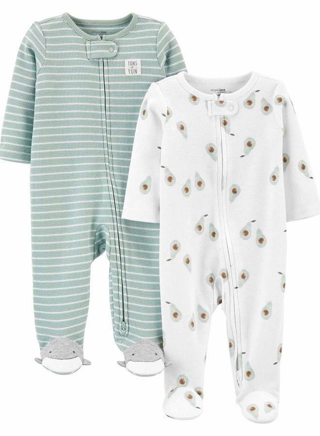 Simple Joys by Carter's Unisex Babies' 2-Way Zip Thermal Footed Sleep and Play, Pack of 2, Stripes, 3-6 Months - Image 1