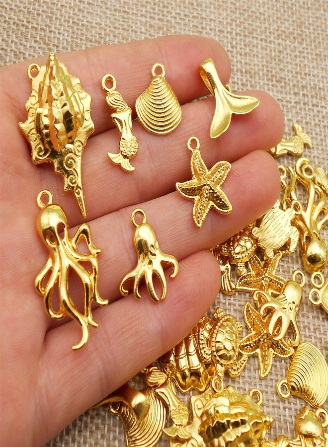 Julie Wang 100 Grams Gold Sea Ocean Beach Charms Pendants for Summer Jewelry Necklace Earrings Bracelet Making Craft Starfish Shells Mermaid Tail Fish 80-100pcs - Image 2