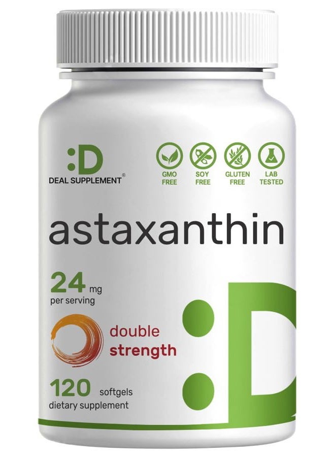 DEAL SUPPLEMENT أستازانتين 24 ملغ لكل حصة (12 ملغ لكل كبسولة)، 120 كبسولة لينة - طاقة مزدوجة من الطحالب الدقيقة - مكملات مضادة للأكسدة للبشرة، العين، المفاصل، والجهاز - Image 1