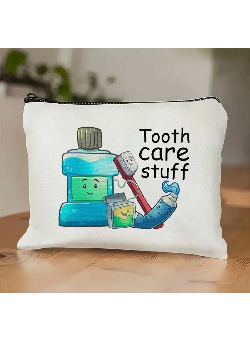 جست كواليتي حقيبة بسحاب لمستلزمات العناية بالأسنان - تصميم كرتوني ساحر مع فرشاة ومعجون أسنان ونموذج للأسنان - منظم مكياج خفيف الوزن وقابل للطي للنساء، هدية مثالية للمعلمات والأصدقاء، حقيبة لتنظيم أدوات التجميل | إكسسوار مرح | حقيبة بسحاب، إكسسوارات للعناية بالأسنان - Image 1