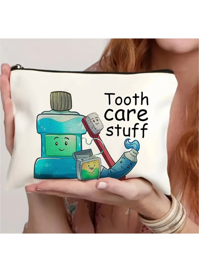 جست كواليتي حقيبة بسحاب لمستلزمات العناية بالأسنان - تصميم كرتوني ساحر مع فرشاة ومعجون أسنان ونموذج للأسنان - منظم مكياج خفيف الوزن وقابل للطي للنساء، هدية مثالية للمعلمات والأصدقاء، حقيبة لتنظيم أدوات التجميل | إكسسوار مرح | حقيبة بسحاب، إكسسوارات للعناية بالأسنان - Image 2