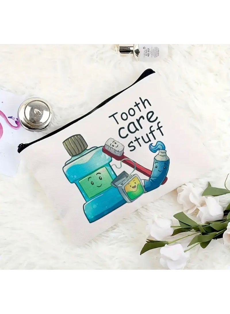 جست كواليتي حقيبة بسحاب لمستلزمات العناية بالأسنان - تصميم كرتوني ساحر مع فرشاة ومعجون أسنان ونموذج للأسنان - منظم مكياج خفيف الوزن وقابل للطي للنساء، هدية مثالية للمعلمات والأصدقاء، حقيبة لتنظيم أدوات التجميل | إكسسوار مرح | حقيبة بسحاب، إكسسوارات للعناية بالأسنان - Image 3