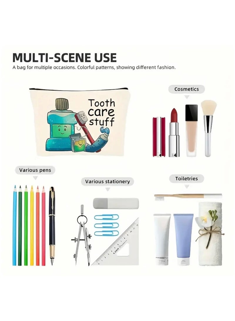 جست كواليتي حقيبة بسحاب لمستلزمات العناية بالأسنان - تصميم كرتوني ساحر مع فرشاة ومعجون أسنان ونموذج للأسنان - منظم مكياج خفيف الوزن وقابل للطي للنساء، هدية مثالية للمعلمات والأصدقاء، حقيبة لتنظيم أدوات التجميل | إكسسوار مرح | حقيبة بسحاب، إكسسوارات للعناية بالأسنان - Image 4