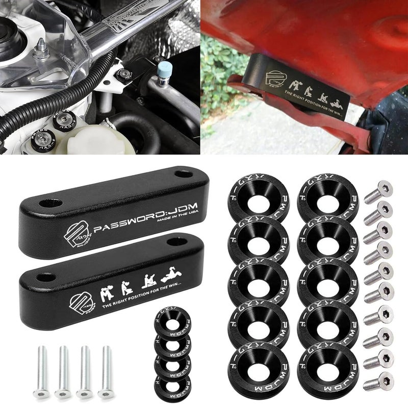 x xotic tech JDM Front Hood Vent Space Riser Spacer Modification + Fender Bumper Washer Engine Bolt Bay Dress Up Kit, Aluminum Alloy Billet Compatible with Honda Civic CRX, Acura Integra (Black) - Image 1