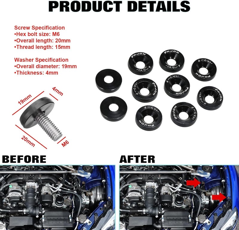 x xotic tech JDM Front Hood Vent Space Riser Spacer Modification + Fender Bumper Washer Engine Bolt Bay Dress Up Kit, Aluminum Alloy Billet Compatible with Honda Civic CRX, Acura Integra (Black) - Image 4