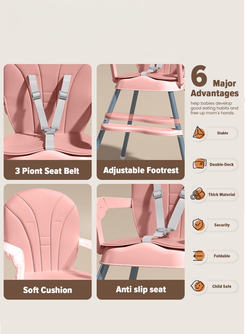 بيبي كرسي طعام مرتفع 3 في 1 قابل للتحويل للأطفال، كرسي تغذية للأطفال مع ارتفاعين قابلين للتعديل، مسند للقدمين، صينية طعام، حزام أمان ثلاثي النقاط، كرسي طعام مرتفع للأطفال من عمر 6 أشهر إلى 3 سنوات، وردي - Image 5